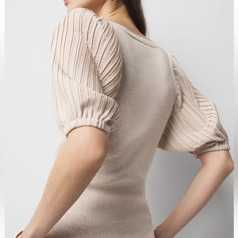 White House Black Market Pleated Puff-Sleeve Henley Sweater Blouse - Picture 2 of 7